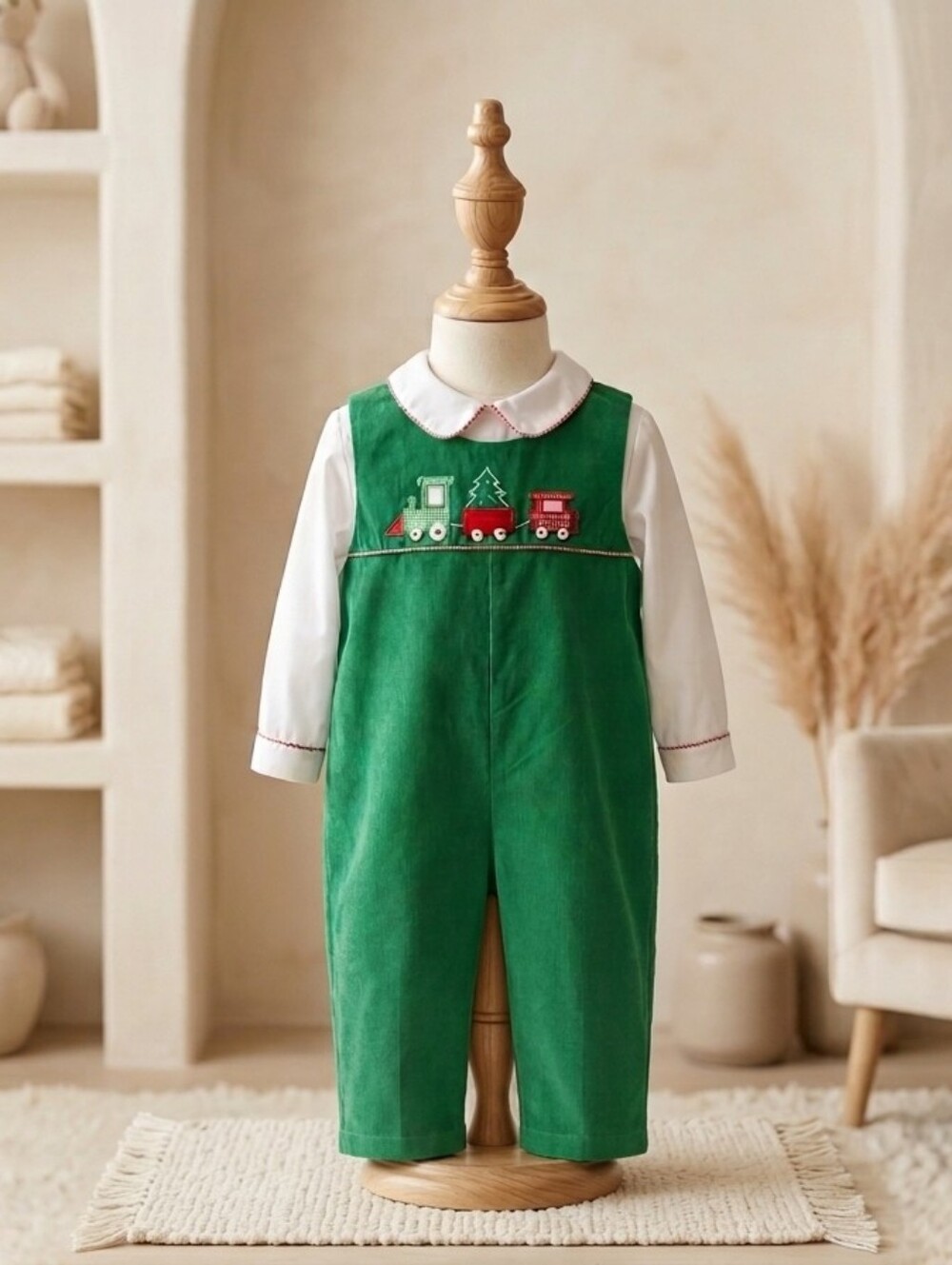 Petit Ami Christmas Train Corduroy Overall Set | 12M